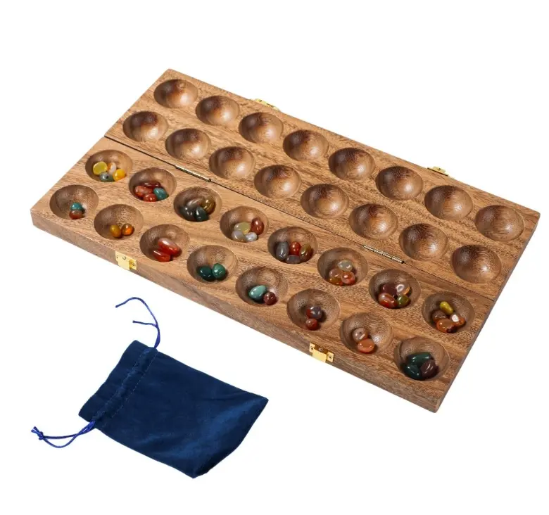 Mancala dubbel – valnöt med 75 stora stenar
