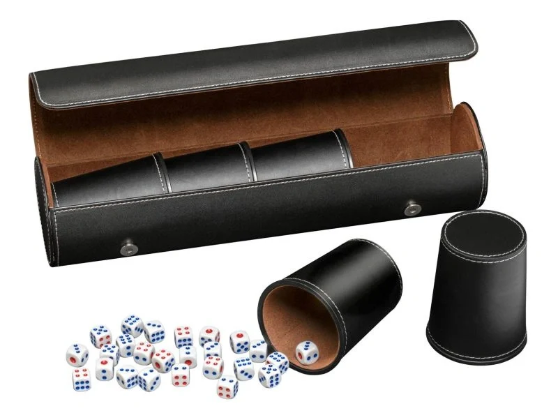 Synthetic leather dice cup set of 5 with case incl. 25 dice, black (7995)