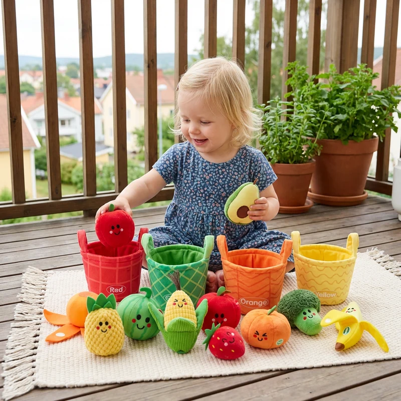 Mjuk Frukt- och Grönsaksleksak för Bebisar – 4-pack Färgsorteringsset med Skallra och Prasseleffekt