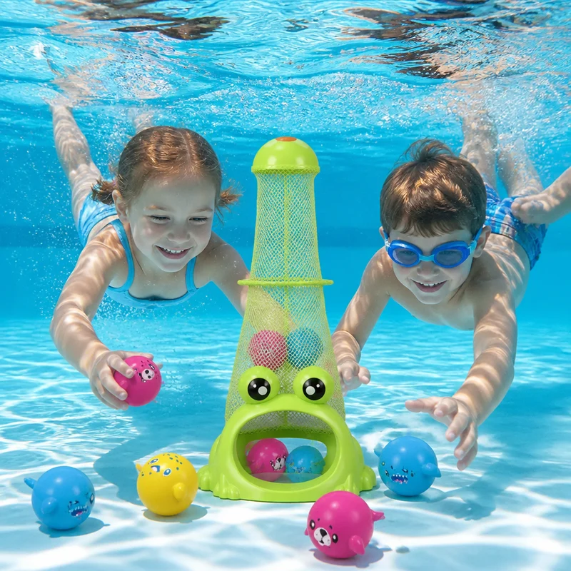 Frosch Dyk Pool Leksak med Fångstnät och Havsdjursbollar
