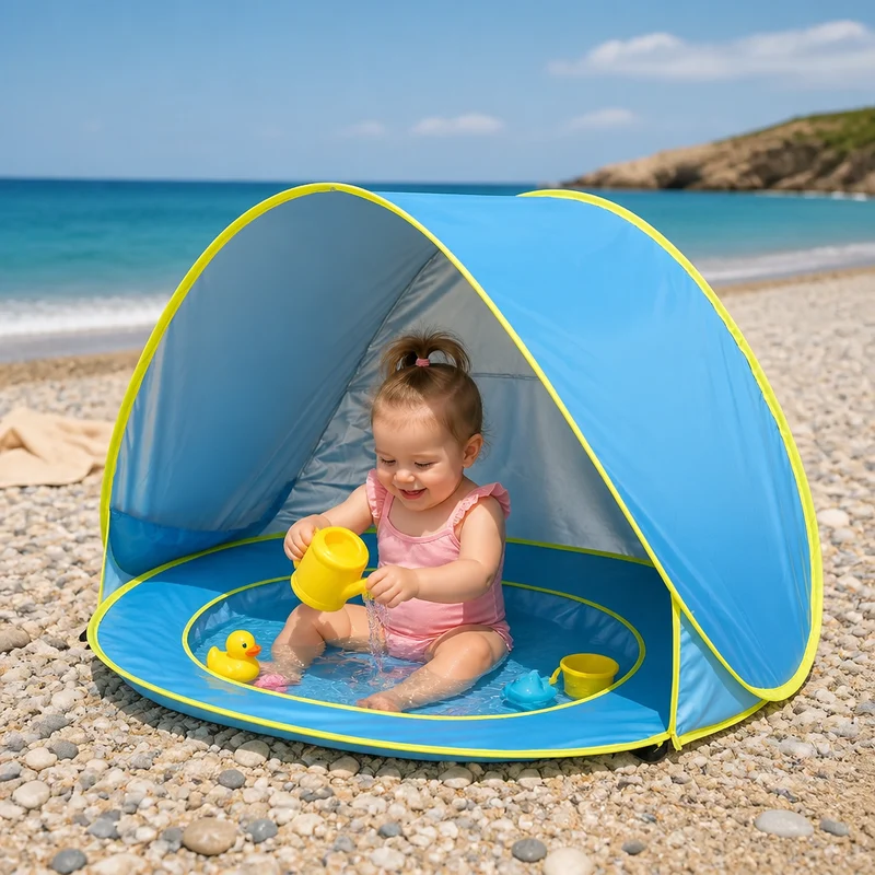 Pop-Up Baby Beach Tent med Inbyggd Pool och UV-Skydd – Bärbart Solskydd för Barn