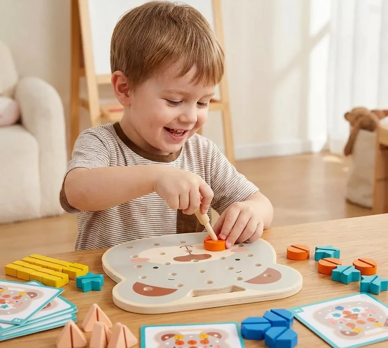 Montessori Färg- och Formkort med Björnplatta för Små Pysslare