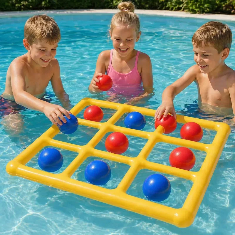 Uppblåsbart Pool Tic-Tac-Toe Spel – Vatten Partyspel med Bollar och Pump