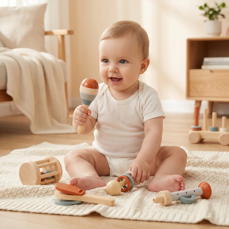 Montessori Trä-Musikinstrument Set för Bebisar – 5-delat Sensoriskt & Rassel Leksak