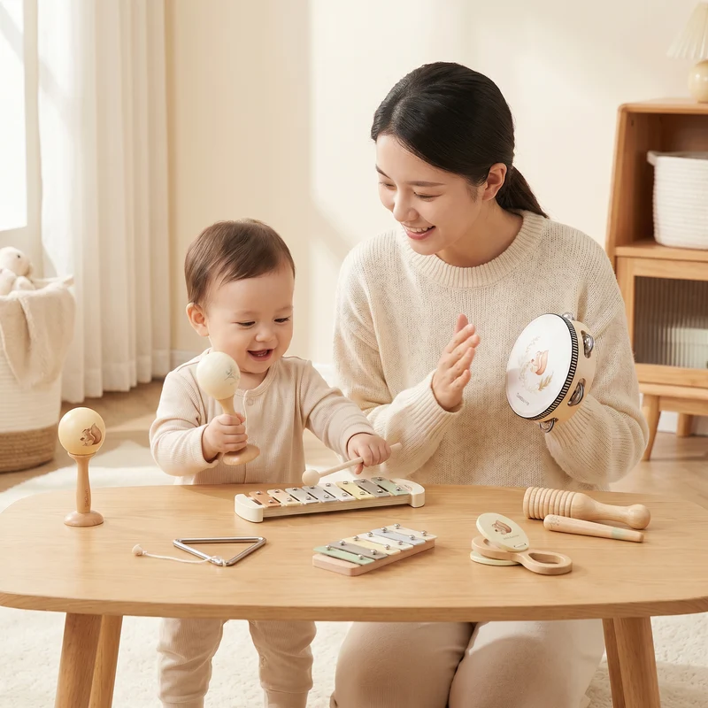 Montessori Trä-Musikinstrument Set för Bebisar – Sensorisk och Musikaliskt Lärande Lek