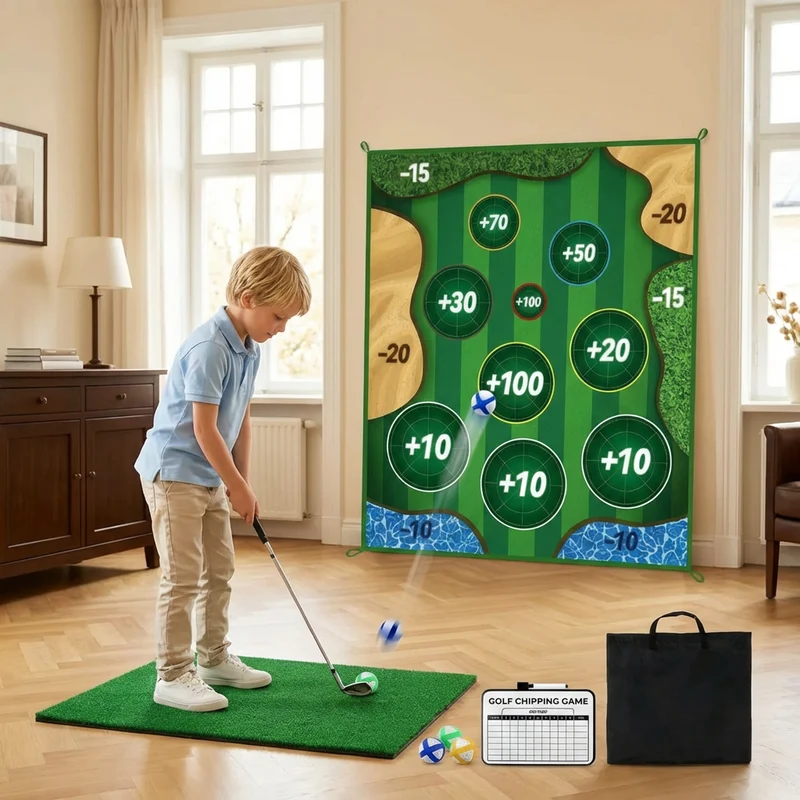 2i1 Golf Tränings- och Lekset – Inomhus- och Utomhus Svingmatta med Målvägg och Klubb