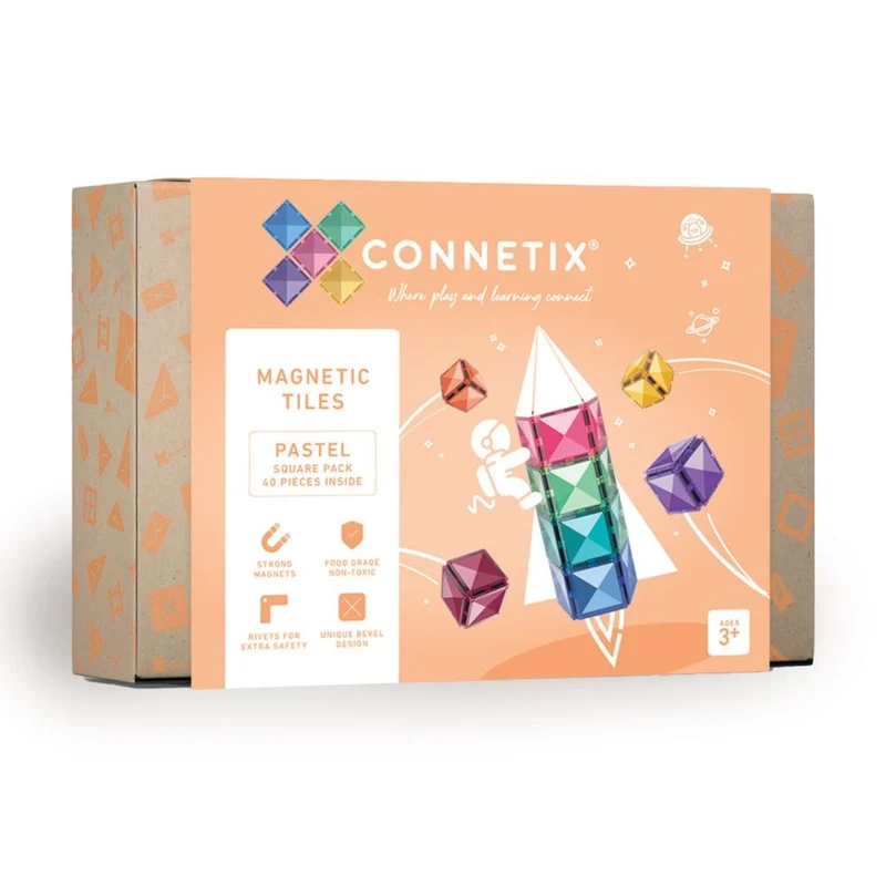 Connetix Square Pack, Magnetiskt byggset med 40 delar - Pastell