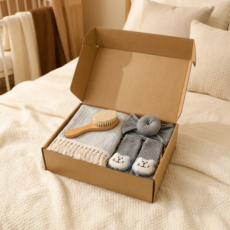 Babyvårdspresentbox – handduk, strumpor eller hårband och badborste för nyfödda
