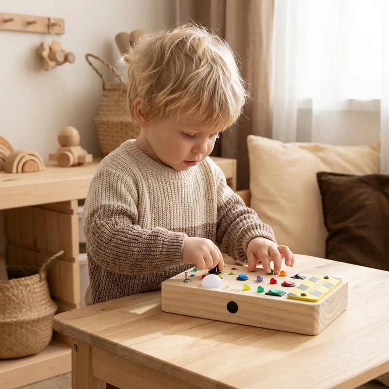 Montessori sensorikbräda i trä med ljus och strömbrytare – motorikleksak för barn
