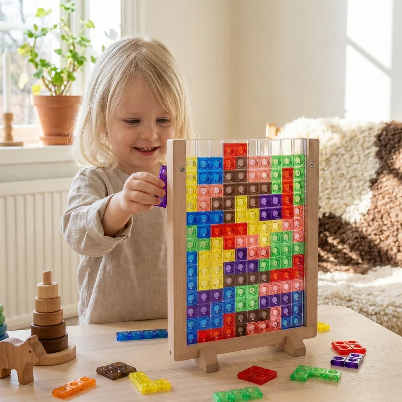 3D färgblockspussel med träram – pedagogiskt Montessori lärspel för barn