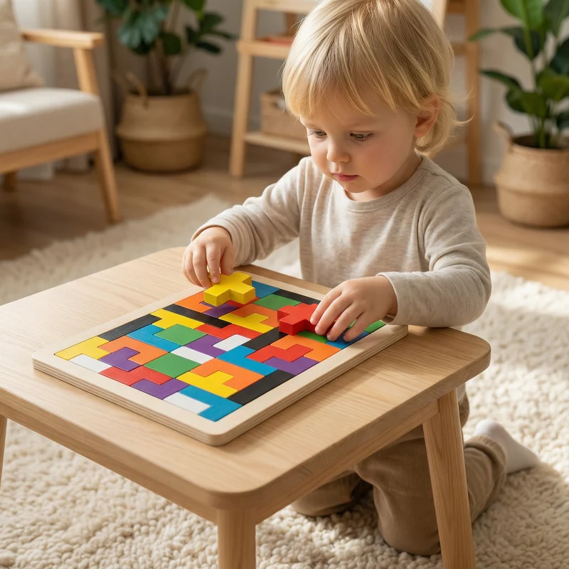 Pedagogiskt trä-tangram – Färgglatt Montessori-inspirerat lärspel för barn