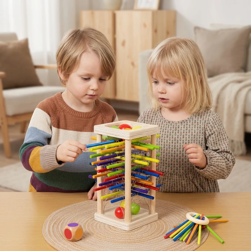 Pedagogiskt 3-i-1 skicklighetsspel i trä med kulor och pinnar