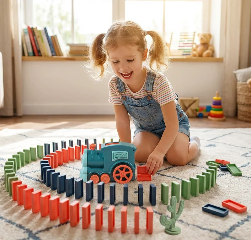 Domino-tågleksak För barn | Automatisk spårläggning med ljus och ljud för kreativ inlärning