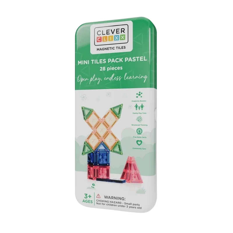 Cleverclixx Magnetiskt reseset, bygglek, Mini Tiles Pack Pastel - 28 delar