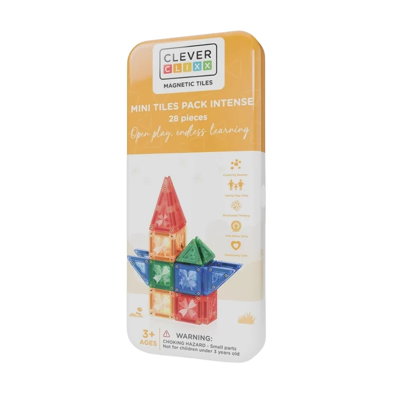 Cleverclixx Magnetiskt reseset, byggleksak, Mini Tiles Pack Intense - 28 st