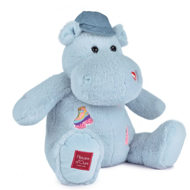 Doudou et Compagnie Flodhest gosedjur, blå med broderade stickers – 38 cm