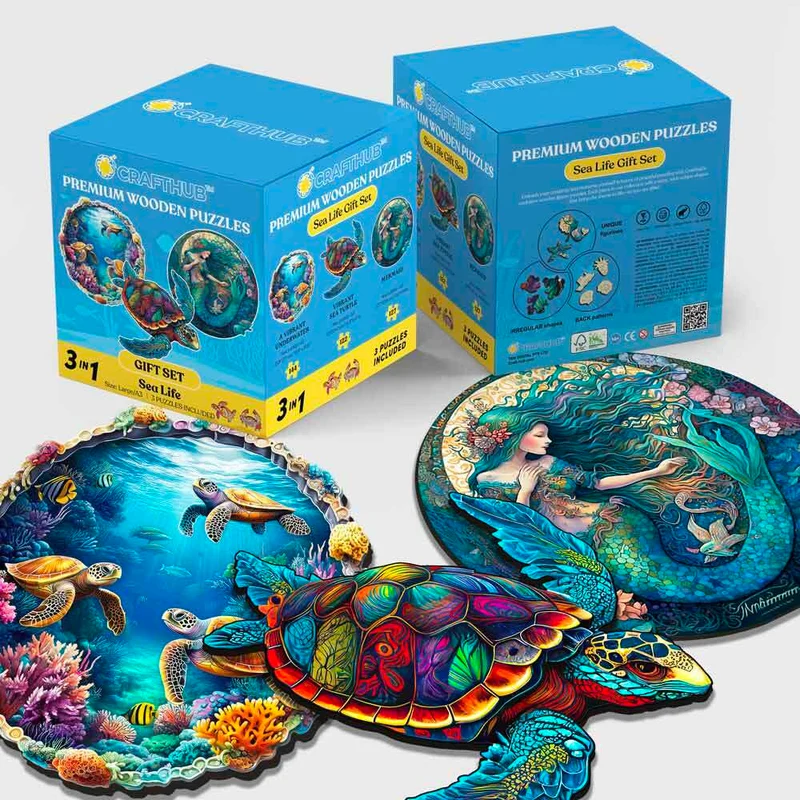 3-Pack Havsliv - Presentset med träpussel