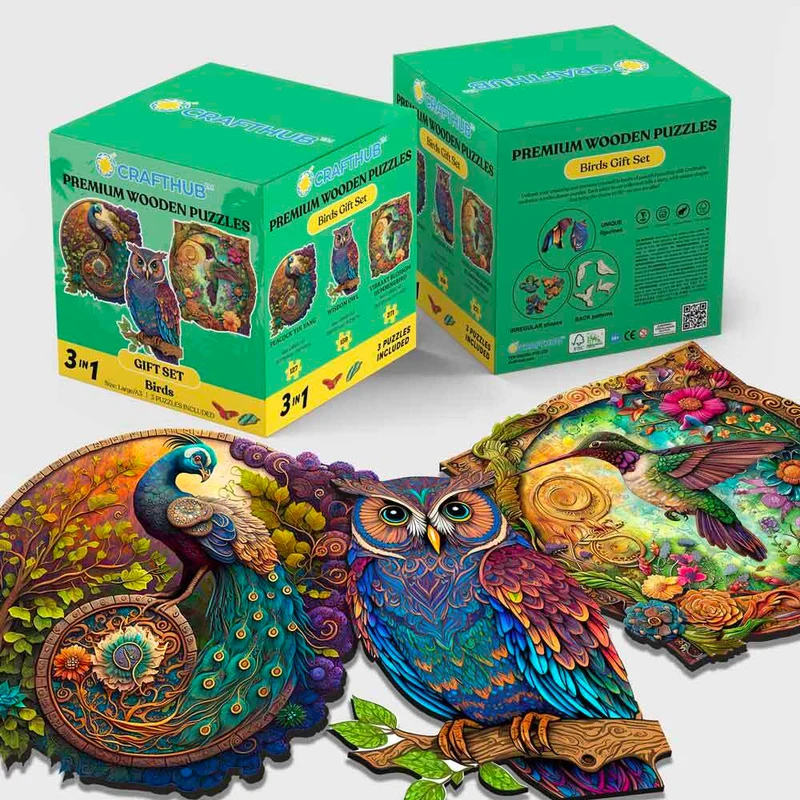 3-Pack Fågelarter - Presentset med träpussel