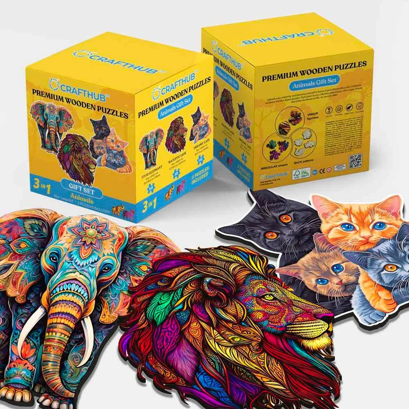 3-Pack Djurvärld - Presentset med Träpussel