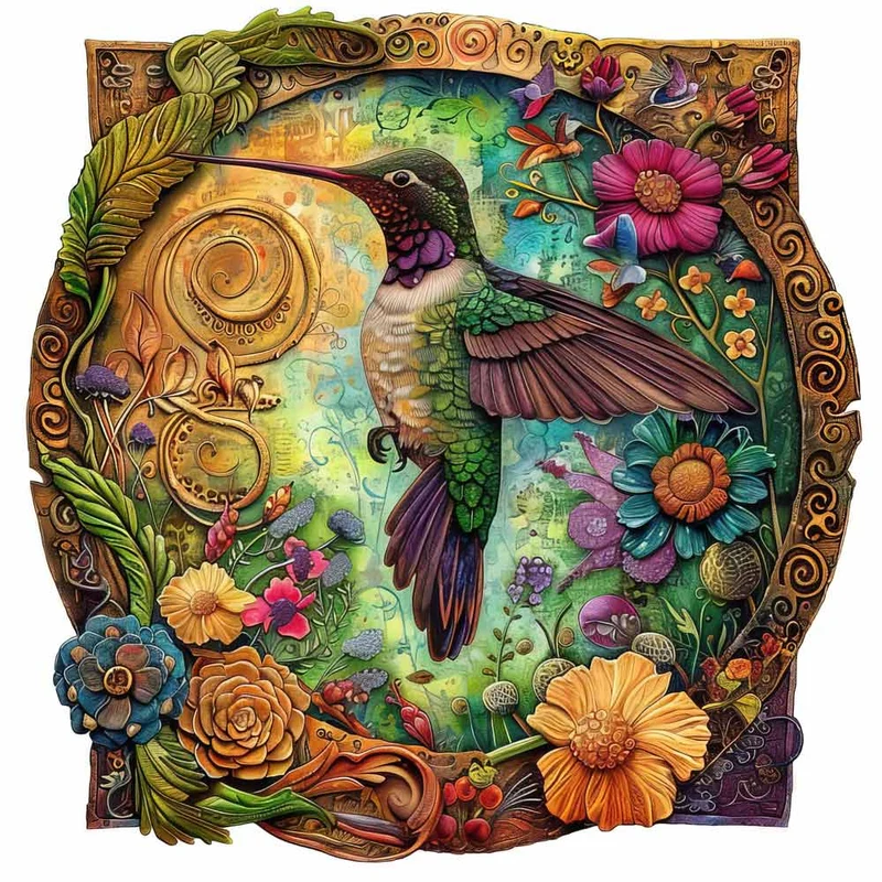 Vibrerande blomma kolibri - Träpussel