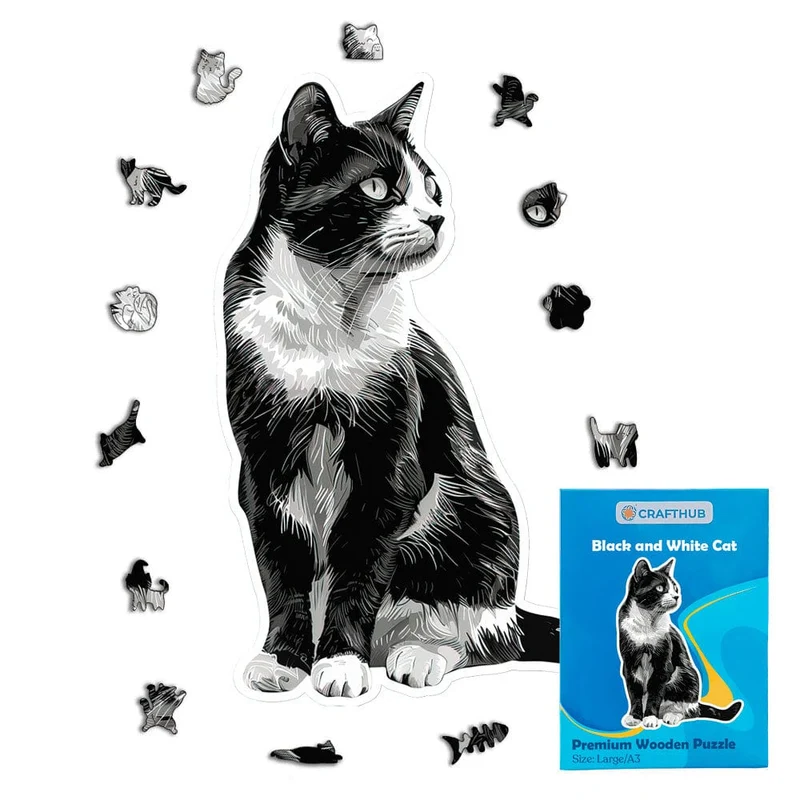 Svartvit katt - pussel i trä