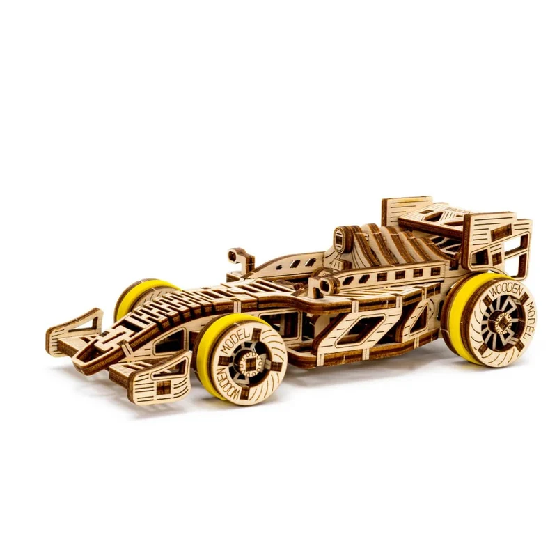 F1-bil med gummibandsmotor – byggmodell i laserskuret trä, FSC
