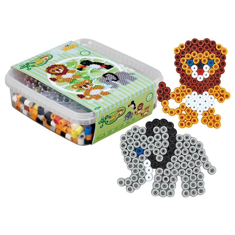 Hama Maxi 600 pärlor och 2 plattor Lejon/Elefant i burk