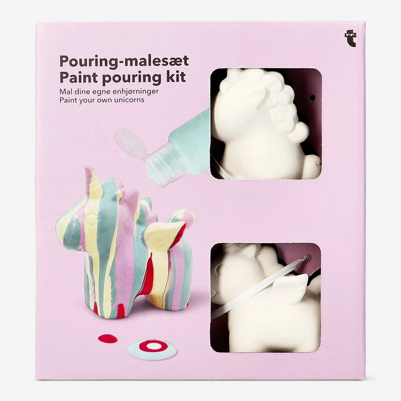 Paint pouring kit with ceramic unicorn