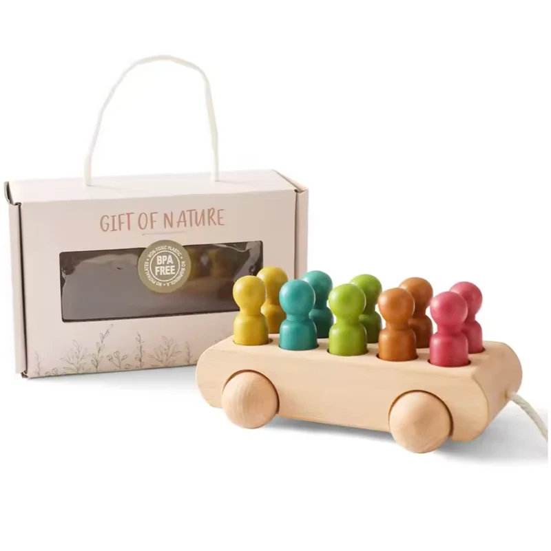 Montessori Träbuss Främjar Lärande - Med Färgglada Figurer