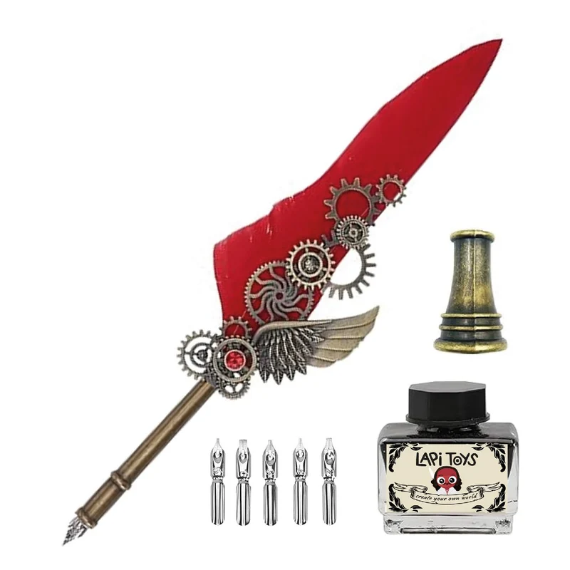 Antique Feather Pen Calligraphy Set Red