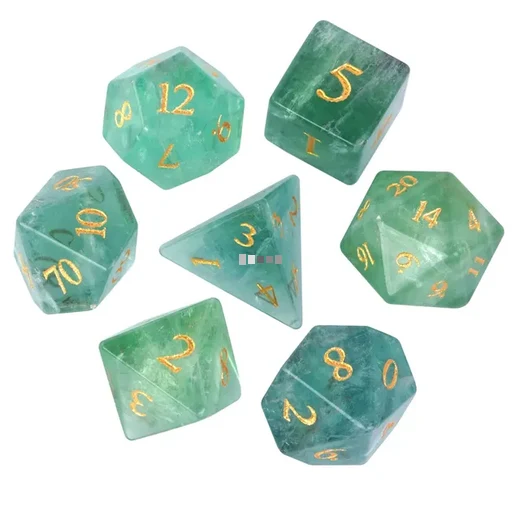 A Role Playing Dice Set - Amethyst Fluorite Crystal Gemstone with With leather Hexagon Box