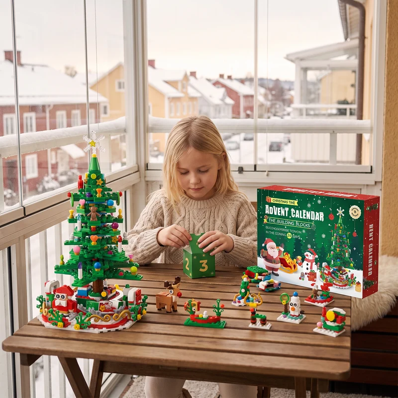 Adventskalender med byggklossar i form av en julgran för barn