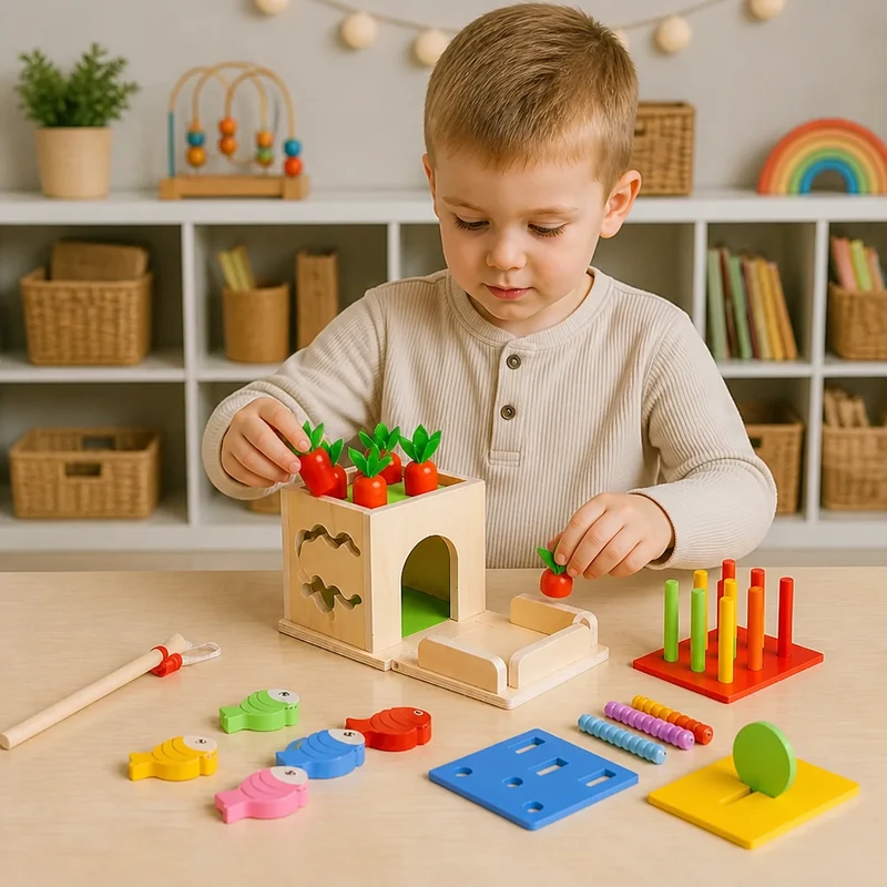 6-i-1 Montessori Träkub Med Former Och Figurer För Lärande och Lek