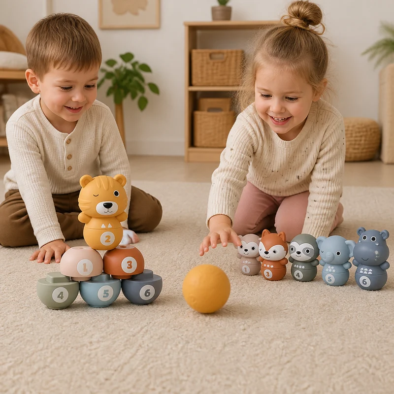 6-i-1 Mjukt Djur-Bowling- & Stapelspel I Gummi – Montessori-Leksak För Barn