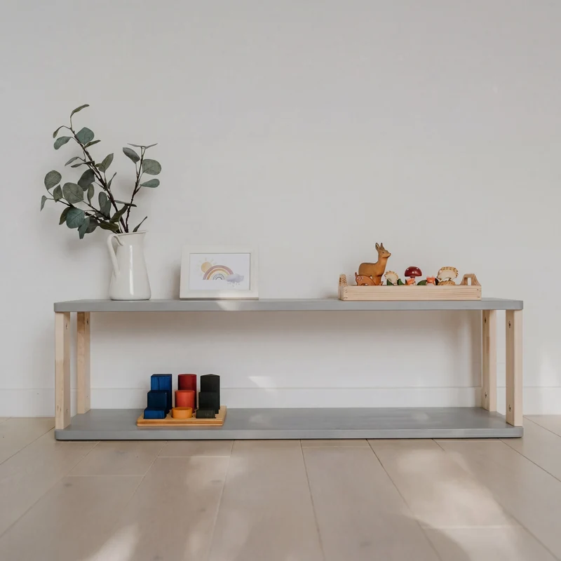 Modulär Montessori-hylla – 2 hyllplan, ljusgrå/klar olja