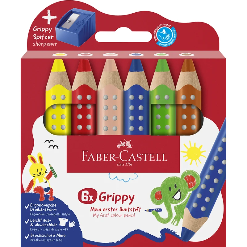 Faber-Castell, Grippy Jumbo färgpennor 6 st + 1 pennvässare