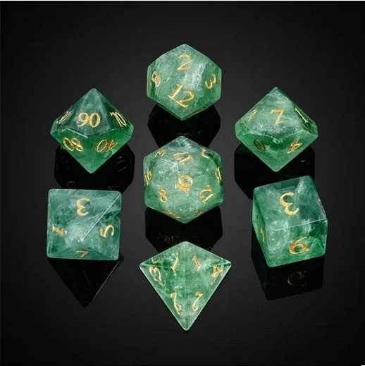 A Role Playing Dice Set - Amethyst Fluorite Crystal Gemstone Dice With leather Hexagon Box