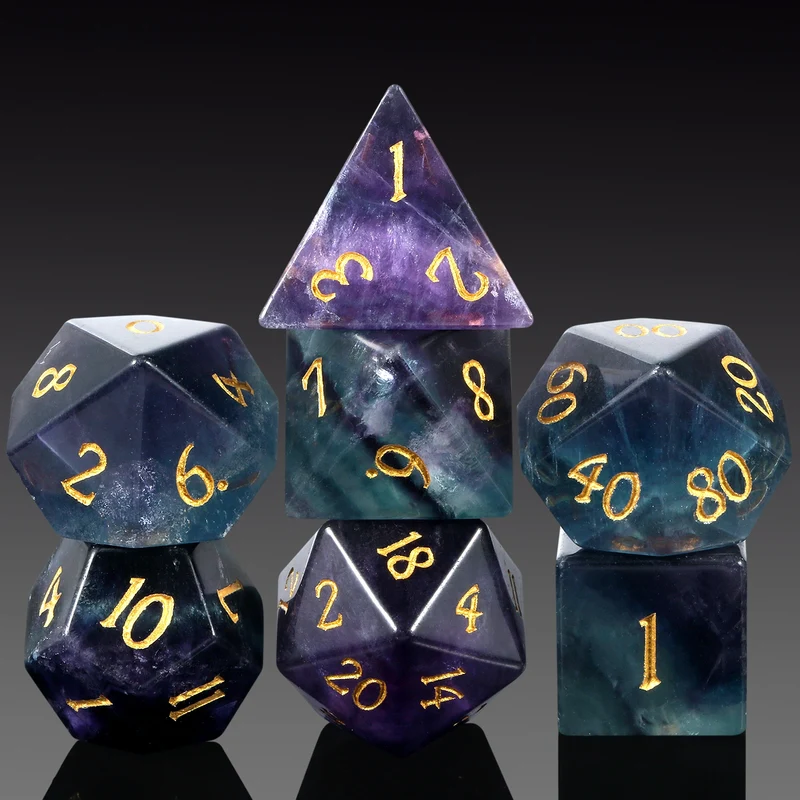 A Role Playing Dice Set - Obsidian Fluorite Gemstone Stone Dice