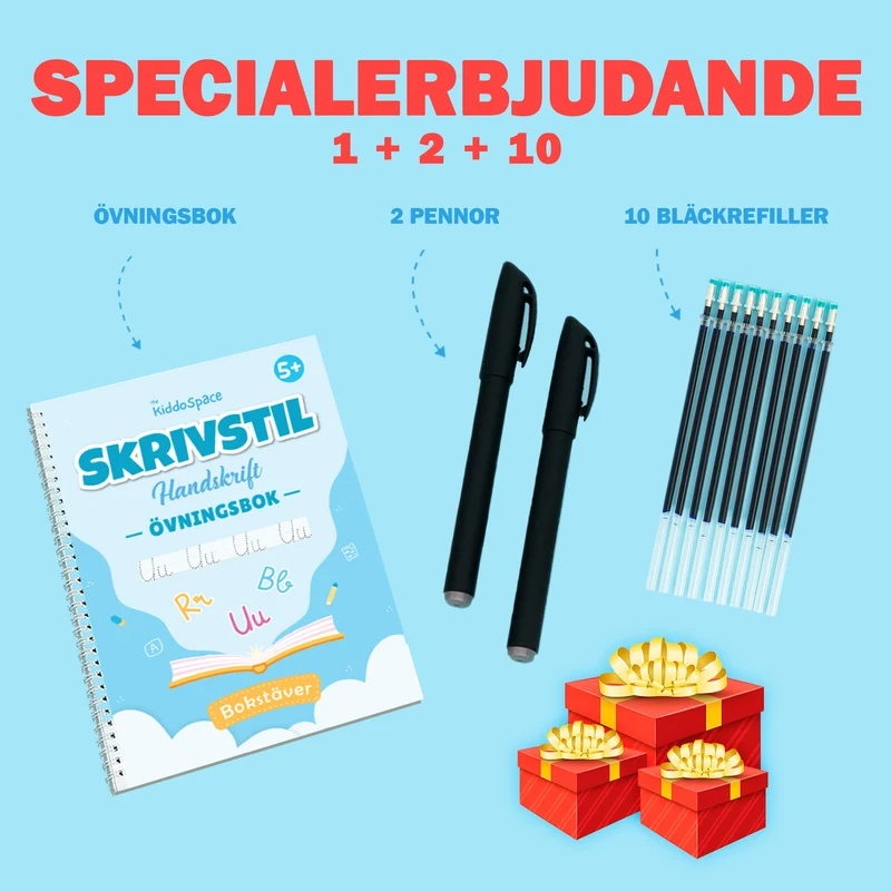 1x Bok för skrivstil (bokstäver) + 2x Pennor med försvinnande bläck + 10x Påfyllningar med försvinnande bläck