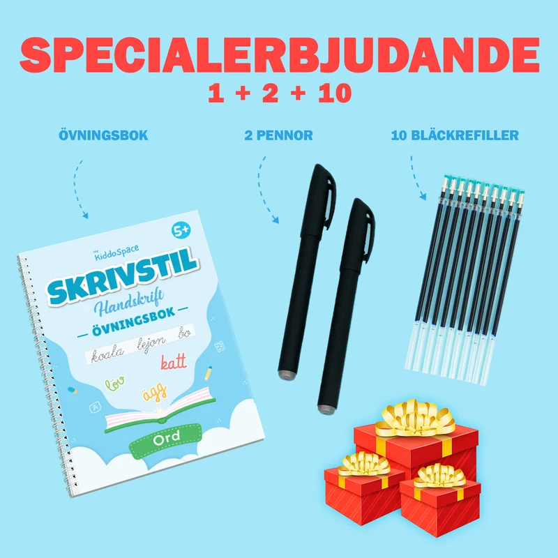 1x Bok för skrivstil (ord) + 2x Pennor med försvinnande bläck + 10x Påfyllningar med försvinnande bläck