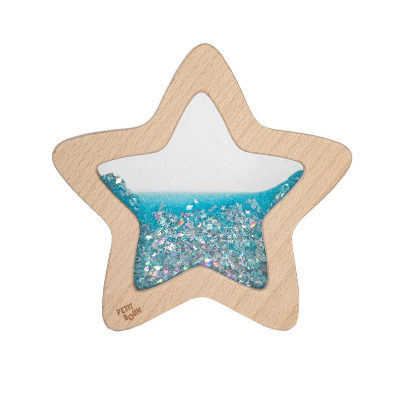 Petit Boum sensorleksak, trästjärna med flytande vätska och glitter - Blue Orionis