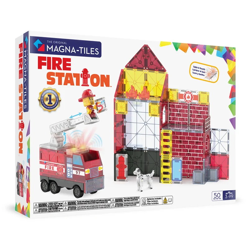 Magna-Tiles Magnetiskt Byggset, Brandstation med Ljus och Ljud - 50 delar