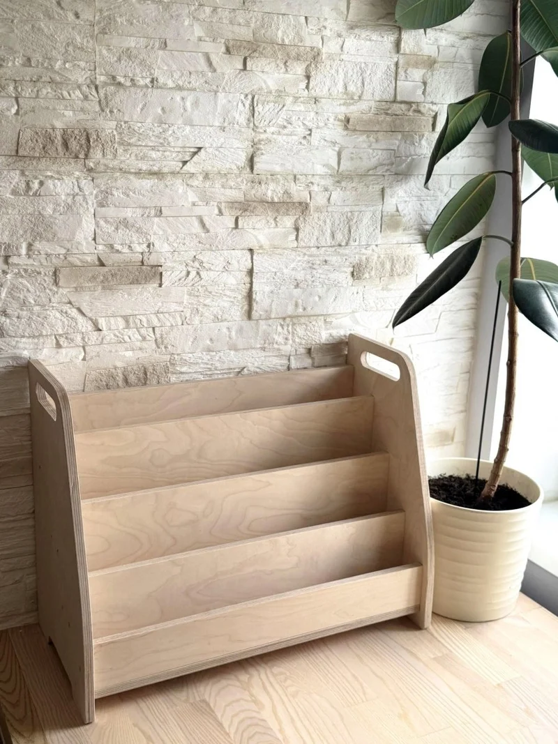 Montessori bokhylla för barn med frontvänd bokdisplay i trä - Flera olika färger
