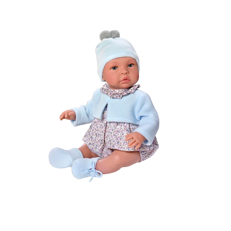 Así Leo babydocka, 46 cm - Ljusblå kofta och blommig dräkt