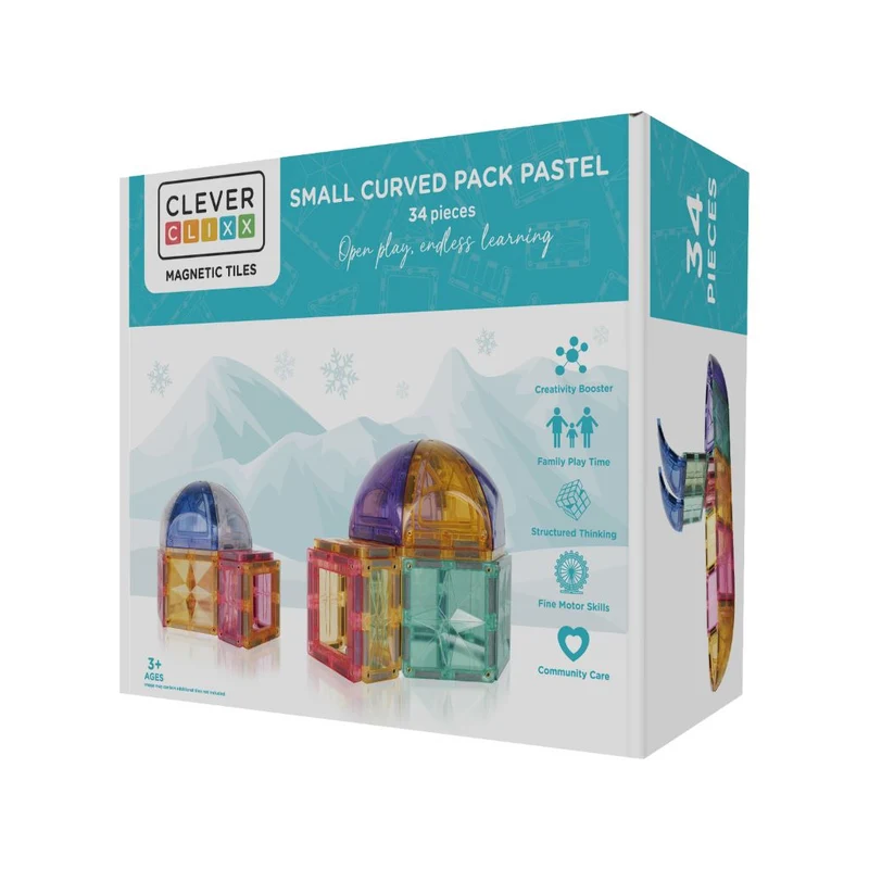 Cleverclixx Magnetisk byggeleg, Small Curved pack Pastell, 34 delar