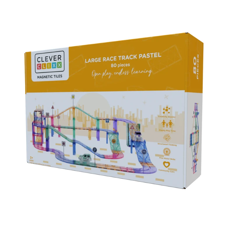 Cleverclixx Magnetisk byggeleg, Large race track Pastell – 80 delar
