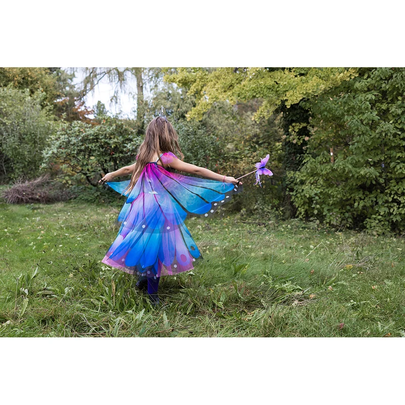 Great Pretenders utklädningskläder, Blå/lila fjärilsklänning med vingar - storlek 2-6 år