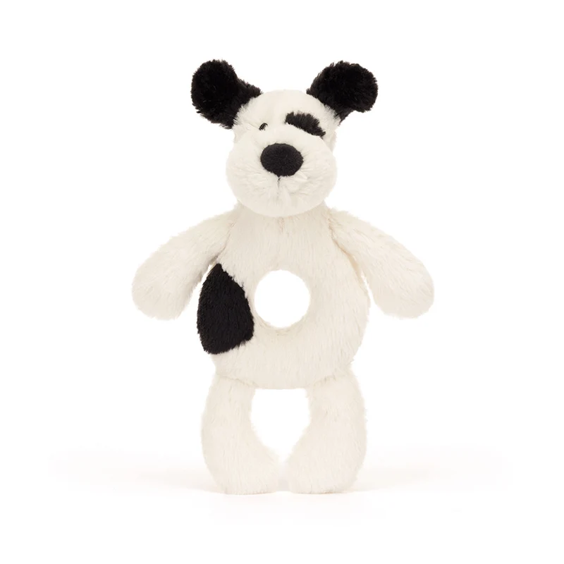 Baby Jellycat ringrangle, Hund, sort/creme – 15 cm