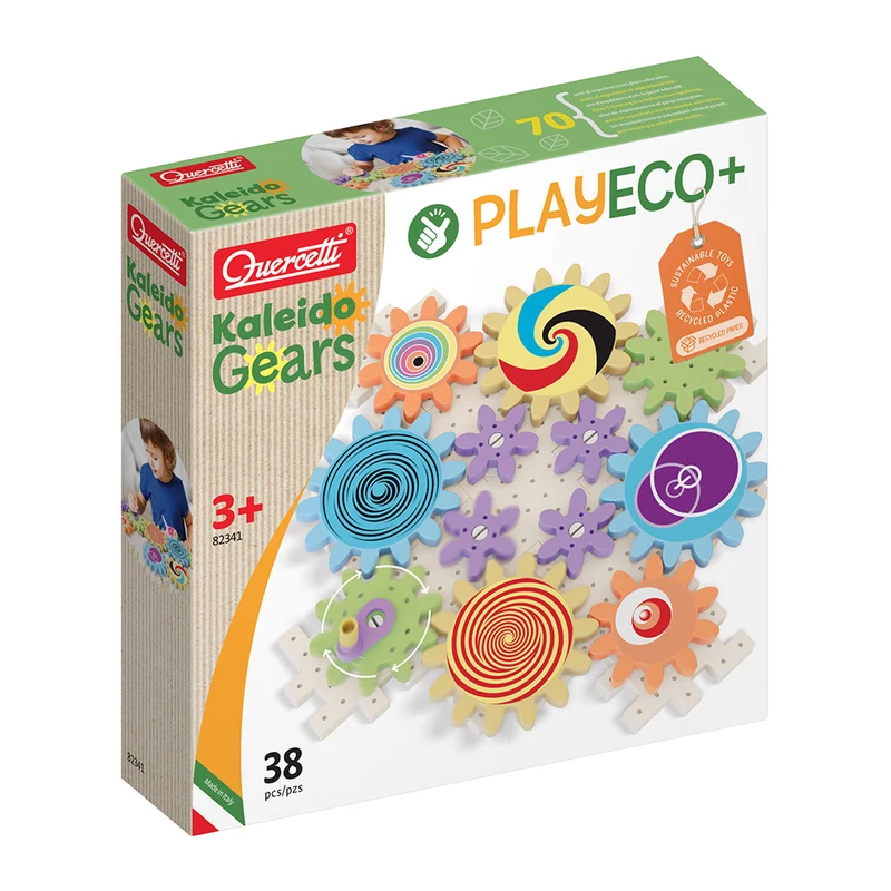Quercetti PlayEco+ Kaleido Gears byggsats med kugghjul av återvunnen plast