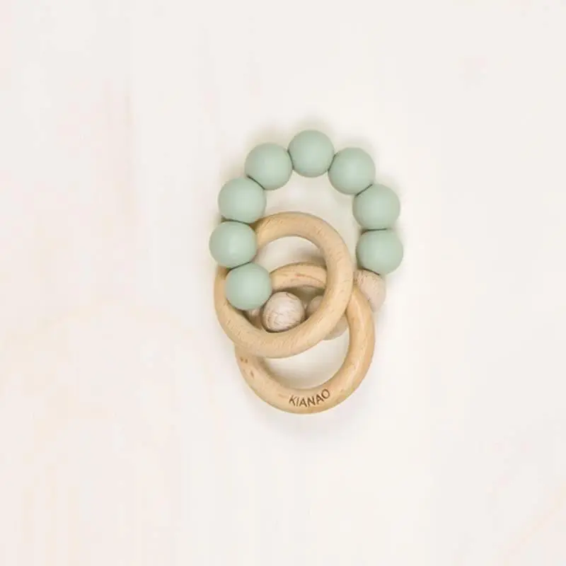 Handmade Wood & Silicone Teether Ring Natural Teething Soother with Tactile Beads